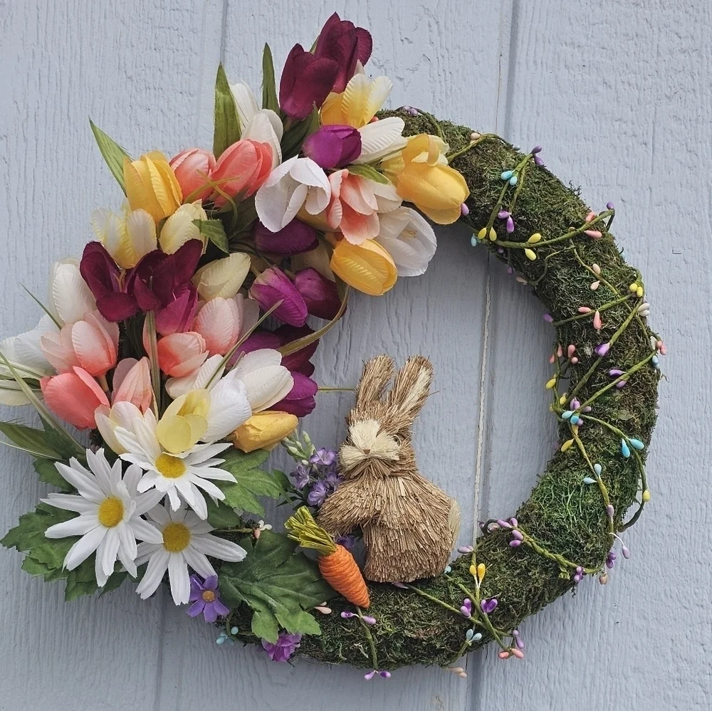 Handmade Spring Floral Easter Wreath with Bunny Moss Covered With Tulips Daisies